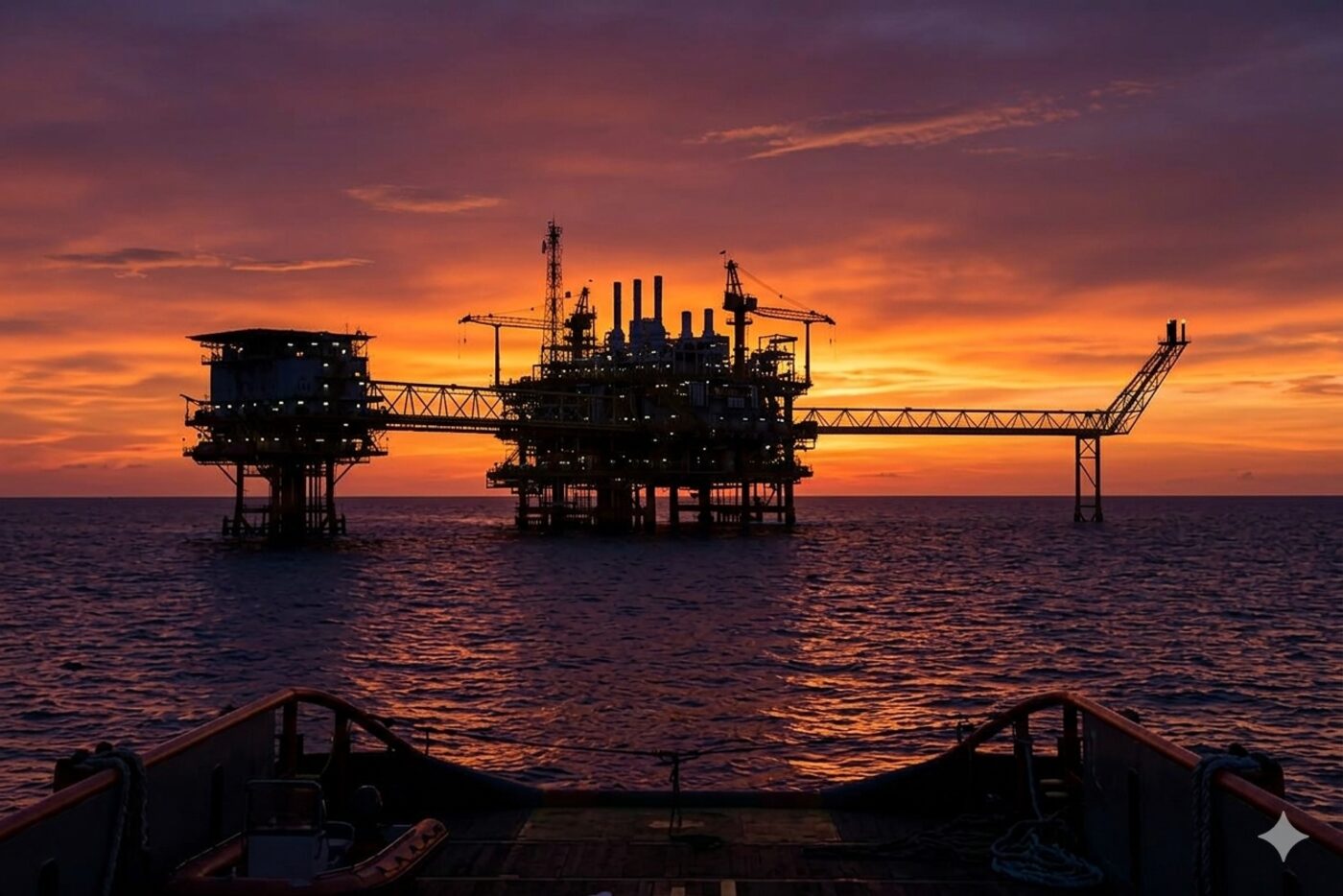 Fasilitas lepas pantai saat senja